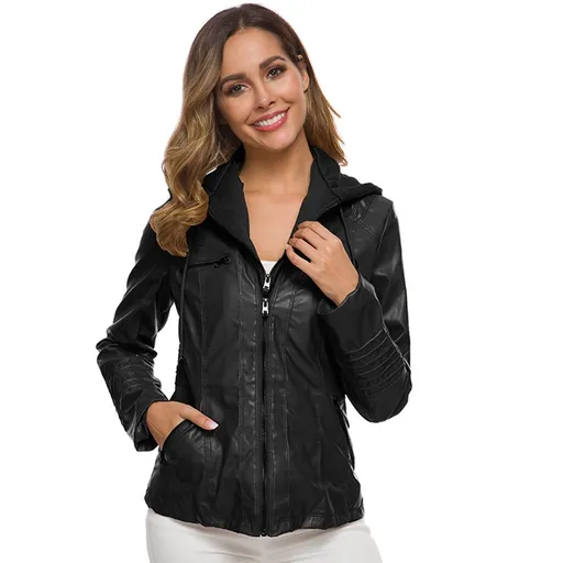 Women PU Leather Jacket Solid Zipper Hooded Streetwear Black XL Size: XL; Height (cm): 170-175; Weight (kg): 60-65; Bust (cm): 94-98; Waist (cm): 78-82; Shoulder width (cm): 40; Length (cm): 64