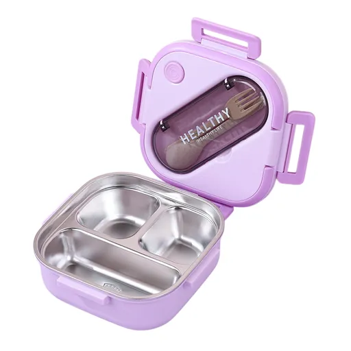 Lunch Box, Toddler Lunch Box, Leak-Proof, Four-Sided Clasp for School,Camping,Travel, 7.5x7.5x3 In Purple