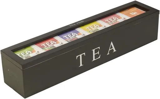 Tea Box - Tea Box 6 Compartments - Wooden Tea Box - Suitable for Loose Tea - 43 × 9 × 8.7 cm - Black