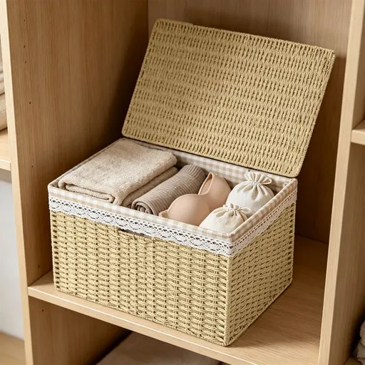 Rattan Storage Basket with Lid and Removable Liner Stackable Wicker Organizer Bin for Shelves Closets Bathroom Bedroom Kitchen Home Organization