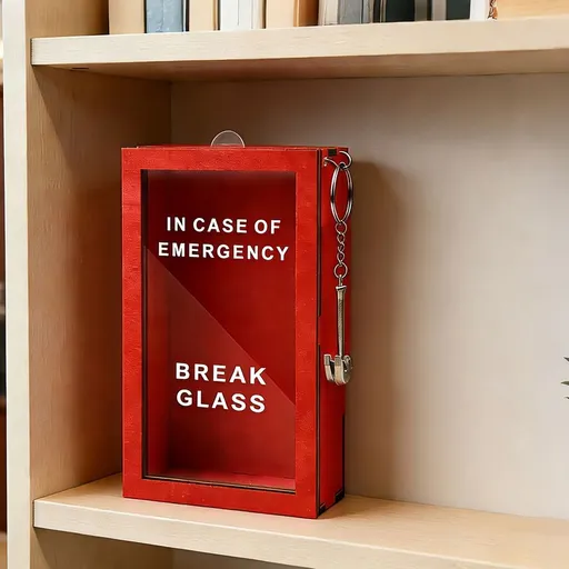 In Case of Emergency Break Glass Box Red Wooden Funny Desk Decor Storage Box for Gag Gifts Office Prank Personalized Present