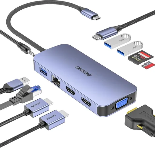 BENFEI 000359GY 11-in-1 USB C Hub Triple Display Docking Station Dual HDMI, VGA, 3xUSB 3.0, 10Gbps