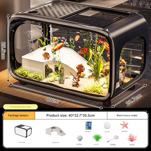Black Modern Desktop Aquarium & Turtle Tank - Panoramic Viewing Fish Tank with Basking Platform & Lid