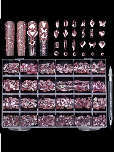 Light Pink Nail Rhinestones, 5380Pcs Flatback Glass Charms Gems Stones, 24 Grids 19 Types of Shaped Nail Art Rhinestones Kit with Tweezers, 6 Sizes for Decoration Face