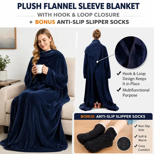 Winter Cozy Warm Loungewear Gift Set – 170 × 200CM Navy Blue Flannel Fleece Wearable Blanket with Adjustable Sleeves Large Front Pocket and Back Velcro Closure, Free M Size Sherpa Fleece Cable Knit Anti-Slip Slipper Socks for Home Relaxation