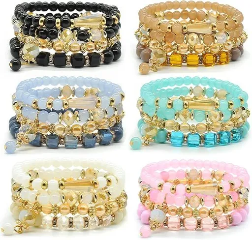 Bohemian Bracelet Sets for Women - 6 Sets Stackable Stretch Bracelets Multi-color Boho Jewelry for Women Hippie Bracelets Dainty Jewelry Valentine's Day Gifts for Boyfriends and Girlfriends