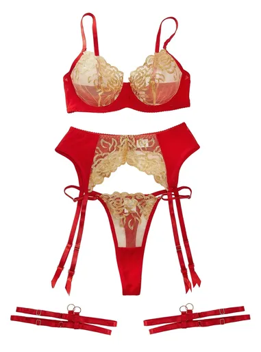 House Of Dasein Collision Pornographic Fun Embroidery Splicing Mesh Sexy Underwear Four Piece Set For Women - Golden Red - L