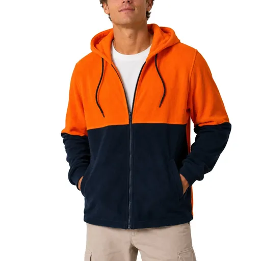 Hi Vis Polar Fleece Hoodie Full Zip Safety Workwear Jacket Jumper - Orange/Navy