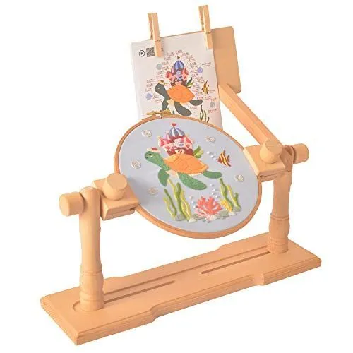 Adjustable Embroidery Stand – Rotating Wooden Cross Stitch Holder & Knee Pad with 15cm & 20cm Hoops, for Needlework, DIY Sewing & Craft Projects - Wood - Size Embroidery Stand