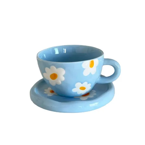 Ceramic Coffee Mug, White and Blue Floral Handpainted Stoneware Tea Cup with Handles, Microwave, Dishwasher Safe, Hot Drinking
