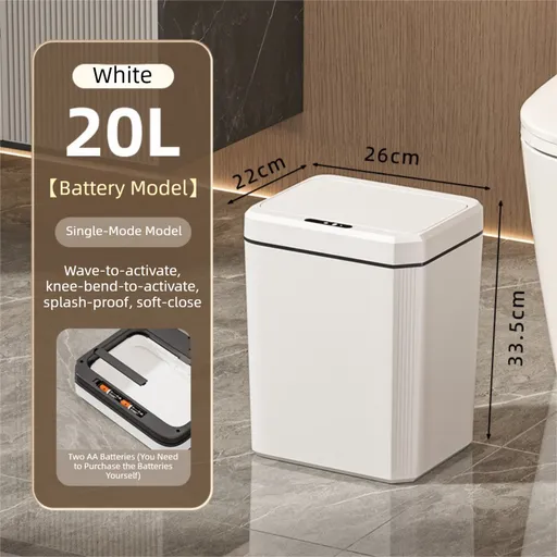 White Smart Sensor Trash Can – 20L Capacity, Touch-Free Operation with Odor-Blocking & Waterproof Design
