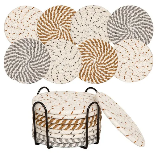 INS Style Round Cotton Woven Heat-Resistant Coasters, 8-Piece Set of Thick Table and Pot Mats with Free Iron Storage Rack - Striped