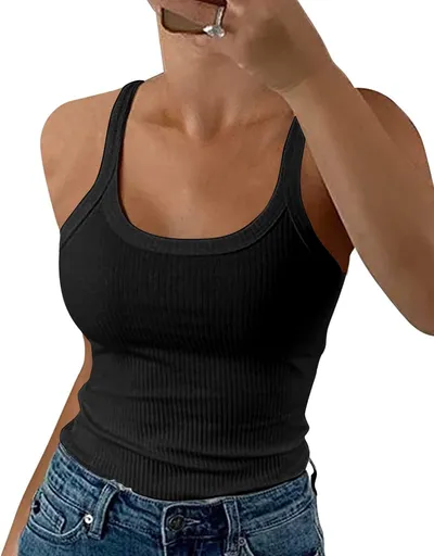 Women Spaghetti Strap Scoop Neck Ribbed Tank Tops Slim Fitted Cotton Camisole Basic Sleeveless Layering Shirts