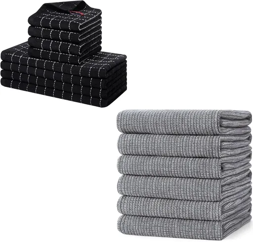 Homaxy Set of 8 Bulk Cotton Terry Kitchen Towels Set, 12 x 12 and 13 x 28 Inches, Checkered Designed and Large Cotton Kitchen Hand Towels(18”x 28”, 6 Pack), Flat and Terry Dish Towels