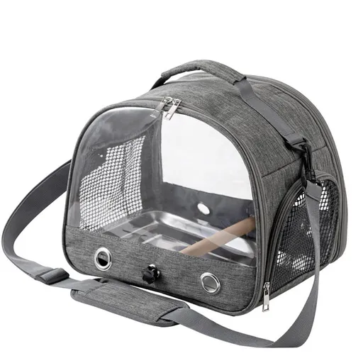 Bird Travel Carrier with Stand Perch and Stainless Tray,Portable Small Bird Cockatiel Carrier for Hiking, (Grey)