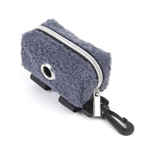 Plush Fleece Poop Bag Dispenser Carrier for Dog Walking – Portable Pouch with Carabiner & Velcro Strap, Holds Waste Bags and Small Essentials, Soft Faux Fur Design in Multiple Pastel Colors (Grey)