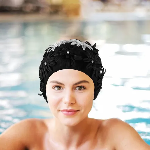 Waterproof Floral Swim Cap Multi Fabric Comfortable for Long Hair Swimming