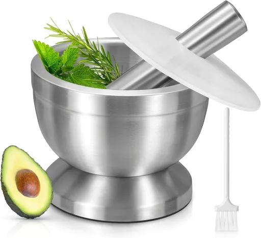 Mortar and Pestle, 18/8 Stainless Steel Spice Grinder Pill Crusher with Lid for Crushing Grinding Ergonomic Design with Anti Slip Base and Comfy Grip