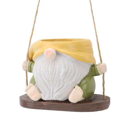 Swing Plant Pot Resin Cute Faceless Gnome Figurine Decorative Hanging Planter for Indoor Outdoor Yellow Green