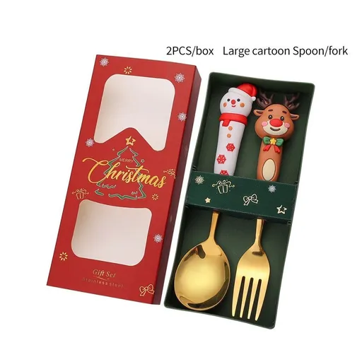 Christmas Spoon Fork Gift Set 3D Cartoon Handle 2 Piece Gold Stainless Steel