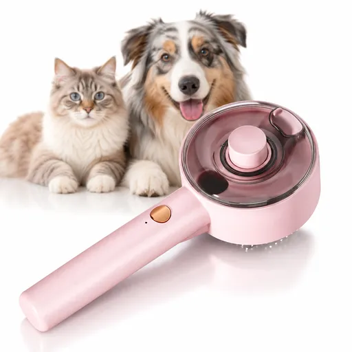 Pink USB Rechargeable Pet Spray Grooming Brush for Cats and Dogs, Self Cleaning Slicker Brush with Fine Mist, 140° Curved Stainless Steel Pins, One Click Hair Release, 300mAh Battery