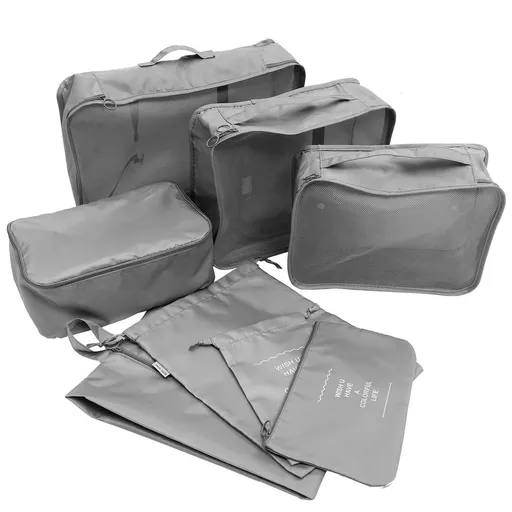 8-Piece Grey Travel Packing Organizers Set with Compression Bags for Efficient Luggage Storage