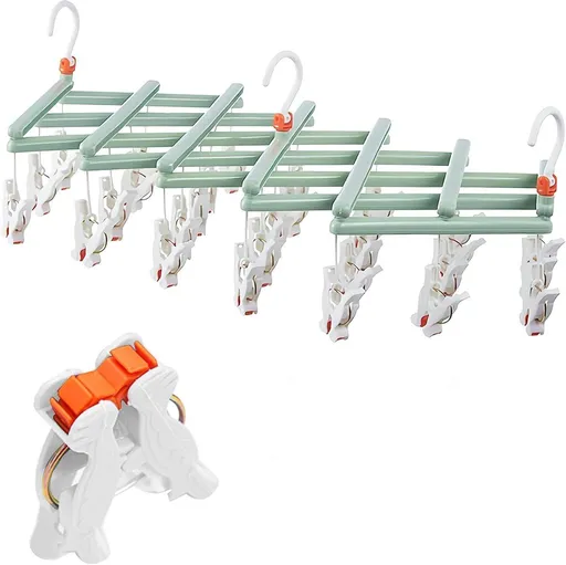 Foldable Sock Drying Rack with 360° Swivel Hook, Foldable Laundry Hanger with Clips for Wet and Dry Clothes, Compact Portable Clothes Drying Rack, Green