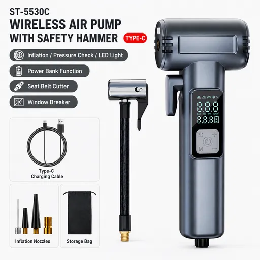 6-in-1 Portable Multifunctional Wireless Car Air Pump – Portable Smart Digital Tyre Inflator with Integrated Window Breaker, Seatbelt Cutter, Power Bank Function, and High-Bright LED SOS Emergency Light