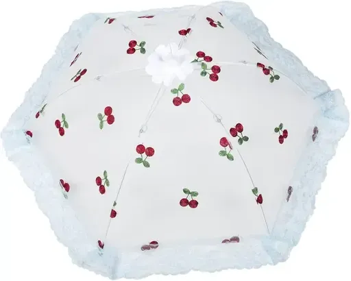 Collapsible Mesh Food Cover Tent with Cherry Pattern for Outdoor BBQ, Picnics, Kitchen Tables, Cakes and Dish Protection, White