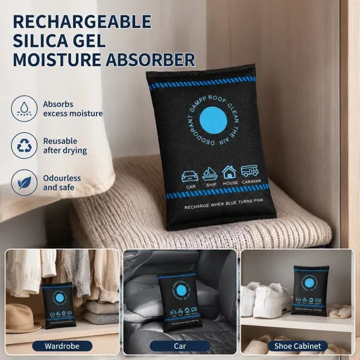 Humidity Tracking Silica Gel Moisture Absorbers, Regular Blue Black Flat Top Sachets, 100g Twin Pack