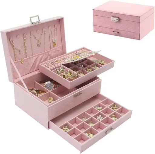 3-Layer Velvet Jewellery Box with Lock, Large Storage Organiser with Drawers and Compartments for Rings and Watches, Pink