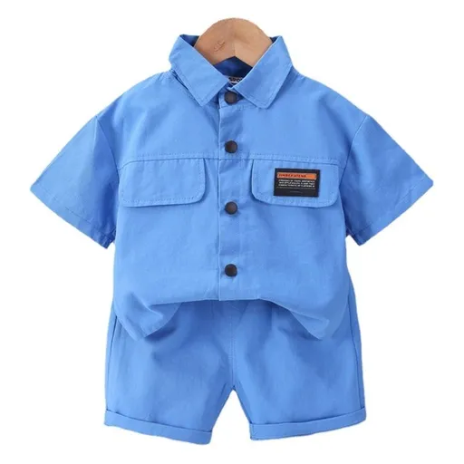 Cute Tail Bear Boys Summer Short Sleeve Shirt Pants Set Khaki 80cm-120cm/1 hand 5 pieces