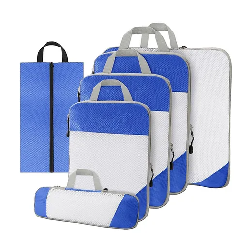 6pcs Mesh Visible Travel Storage Set Waterproof Nylon Compressible Storage Bags - Blue