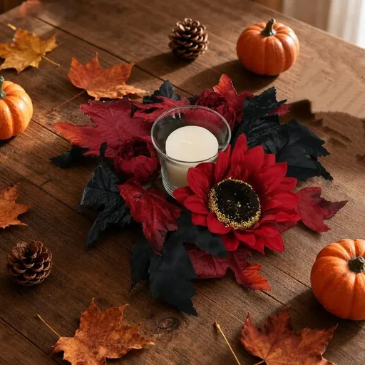Halloween Decorations Indoor Red Sunflower And Maple Leaf Candle Ring Wreath In Black And Red For Table Centerpiece And Front Door Decor Halloween Party Decorations