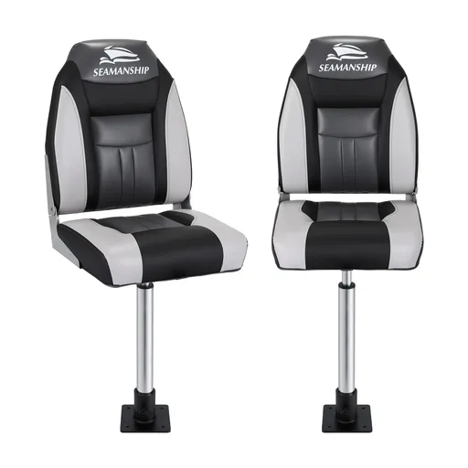 Seamanship 2X Folding Boat Seats with 2X Adjustable Pedestals 55–75cm Marine Seat Swivel High Back 12cm Padding Black