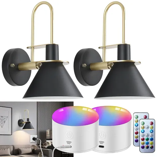 Battery Operated Wall Sconces Set of 2, RGB Wireless LED, Remote, 10000mAh, Black