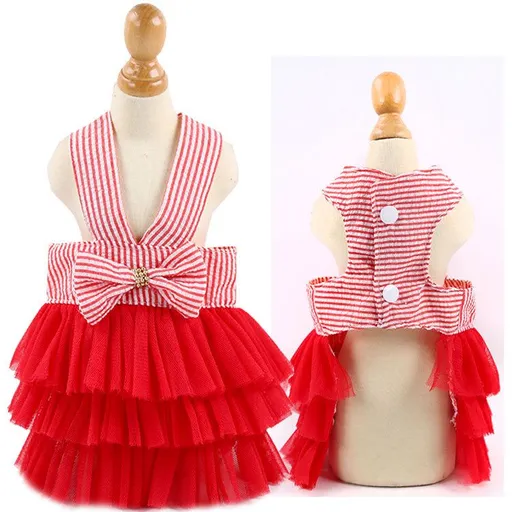 Dog Cat Vest Skirt Striped Mesh Summer Sling Striped Dress Big Red L (bust 45CM recommended weight 3.50 kg-4.50 kg