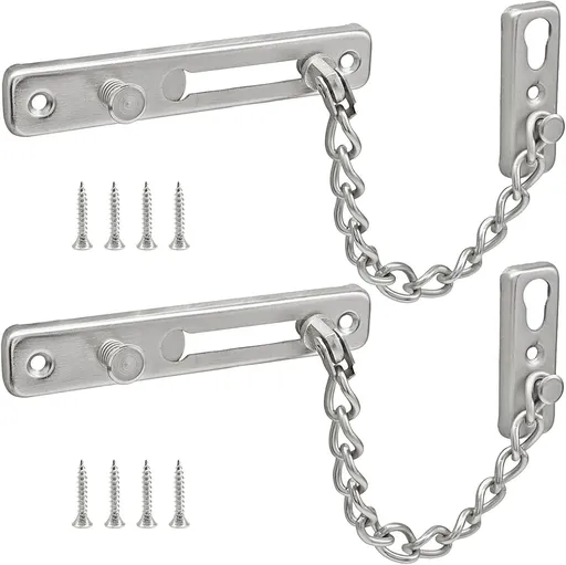 Heavy Duty Door Chain Lock with Mounting Screws, Stainless Steel Door Chain Guard for Front Doors, Pet Safe (Silver, 2 Pack)