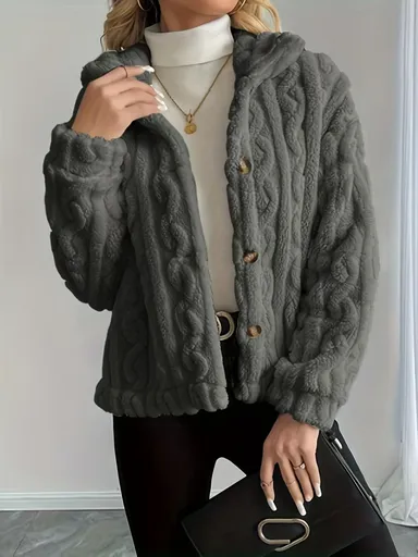 Double-Sided Fleece Coat Turn-Down Collar Button Coat Women'S Winter Outerwear - Dark Gray - Size L(AU L/EU50)