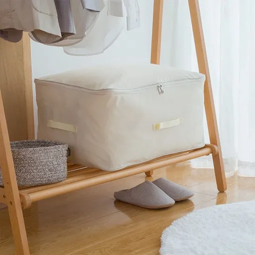 Large Canvas Storage Bag | 60x45x30cm Closet Organizer for Clothes, Blankets & Pillows | Breathable Cotton with Zipper & 4 Handles | Foldable Beige Clothes Organizer
