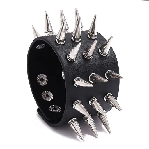 Punk Leather Spike Bracelet - Leather Cuff Biker Bracelet with Spikes for Men, Women and Kids Wide Strap Leather Bracelet