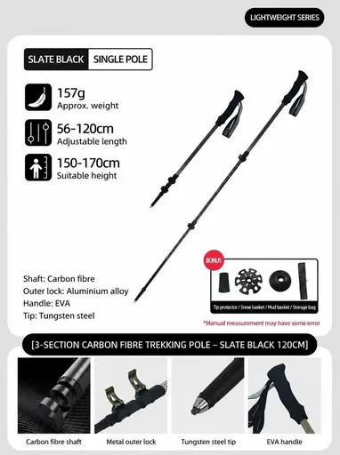 Carbon Fiber 3-Section Telescopic Trekking Stick, Lightweight Hiking Pole For Adults Under 170cm, Slate Black, Portable Outdoor Walking Equipment