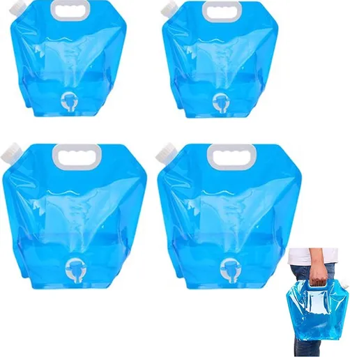 Collapsible Water Jerrycan - 4-Piece Water Reservoir Set - 5 and 10 Liter Flexible Water Jerrycan with Closed Lid and Faucet Switch - Emergency Water Reservoir - Outdoor Life - Emergency Kit - Home Emergency Kit - Portable Emergency Drinking Water Ba