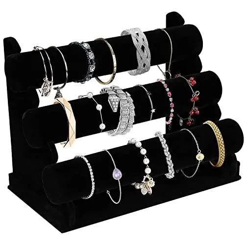 1Pack Velvet Bracelet Holder with 3 Tier Rack, Black Detachable Jewelry Display Stand T-Bar Necklace Storage Organizer for Bangles Watch Bracelets Scrunchies Organization Showcase - Black - Size 1Pack