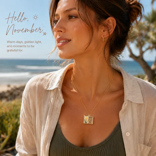 Vintage-style book necklace with November birthday flowers, a luxurious gold-plated bronze exquisite floral pendant gift