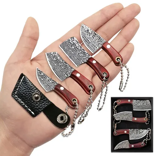 4pc Damascus Pocket Knife Set Mini Chef Knife Knife Set Tiny Knife Cleaver for Package Opener Box Cutter