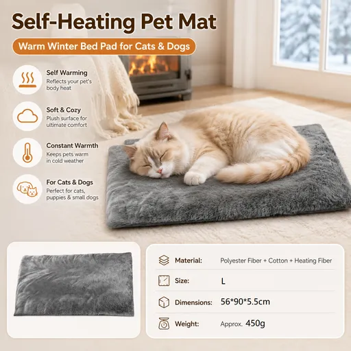 Grey L Size 56x90cm Self Heating Pet Mat - Soft Plush Non-Slip Thermal Bed for Cats and Small Dogs Indoor Crate Car Travel Use