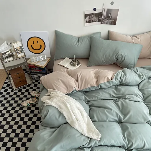 Matcha khaki Washed Cotton Bedding Set - Solid Color Fitted Sheet Style, 4-Piece Set for 1.8m Bed, Includes 10 Random Color Quilt Fasteners