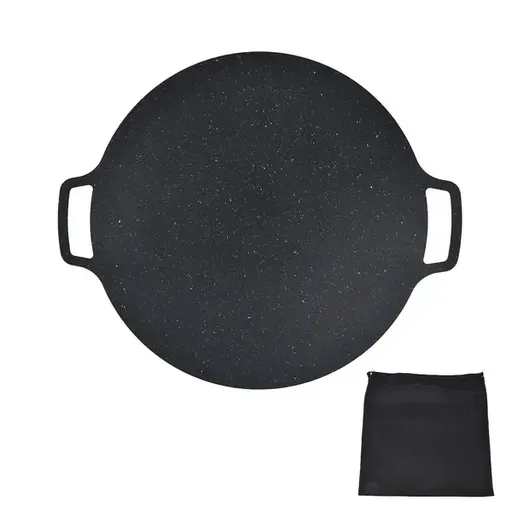 Round Korean BBQ Grill Pan with Non-Stick Iron Surface for Indoor Cooking, Outdoor Camping, Parties and Home Grilling, Black, 36 cm