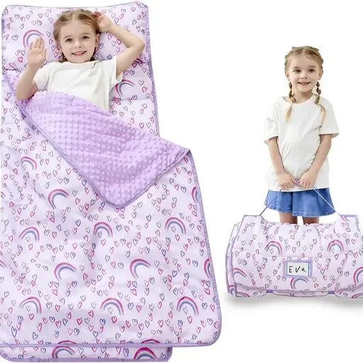 Roll-Up Nap Mat 3-in-1 | Washed Minky Dot with Polyester Fill, Detachable Pillow & Blanket, Essential for School Naptime & Camping/Purple rainbow